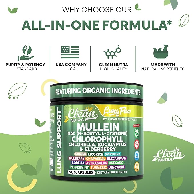 Clean Nutra Mullein Leaf Extract for Lungs Cleanse NAC Supplement Chlorophyll Chlorella Elderberry | Lung Detox for Smokers | Ginger Licorice Astragalus Oregano Turmeric Respiratory Support Capsules