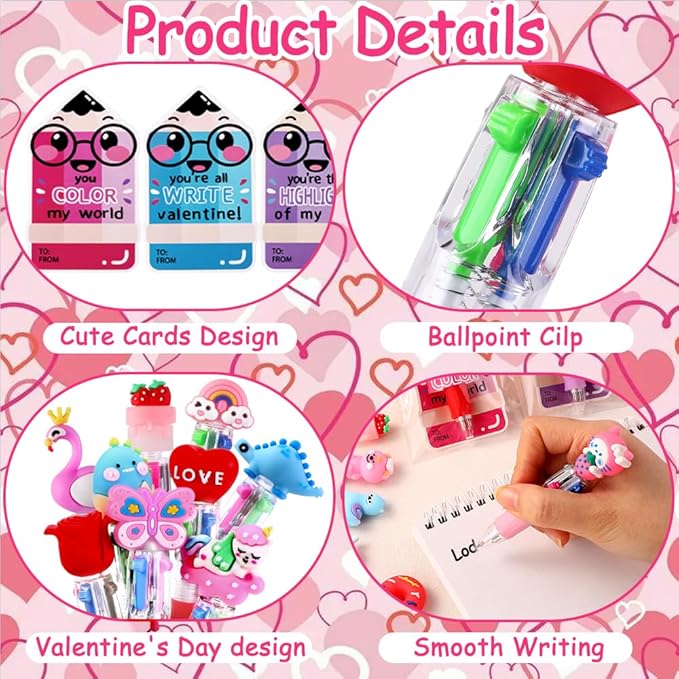 30 Pack Valentines Fun Pens with Cards 0.7mm Cute Animal Multicolor Ballpoint Pens Retractable 4 Colors in One Valentines Stationery Party Favors School Supplies Students Rewards