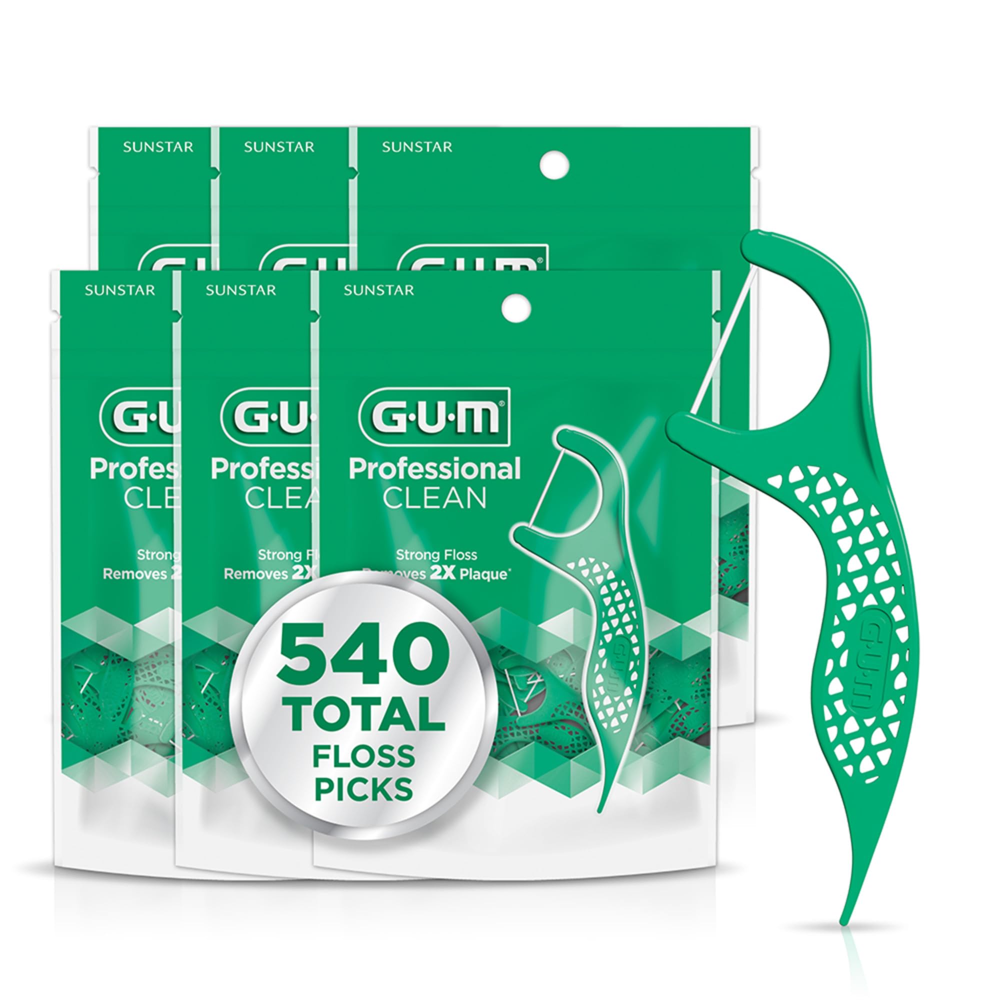 GUM Professional Clean Dental Floss Picks, Extra-Strong Shred-Resistant Flossers with Easy-Grip Handle, Fresh Mint Flavor, 90 Count (Pack of 6) 540Total