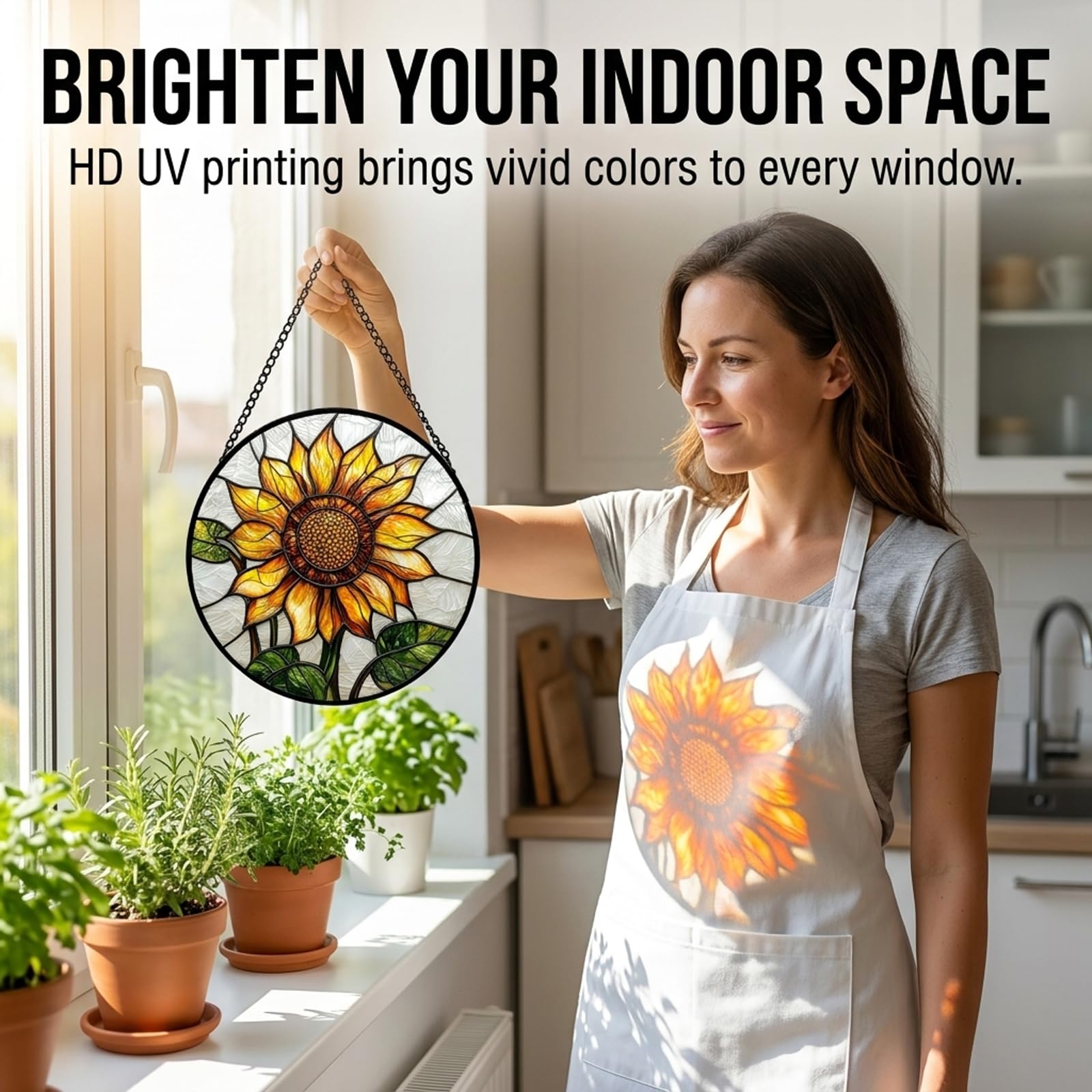 Sunflower Gifts for Women - Yellow Flower Faux Stained Glass Window Hanging Sun Catcher for Door Garden Acrylic Decor Mother's Day Christmas Birthday Gift for Mom Nana Grandma Sisters Colleague 6.3"