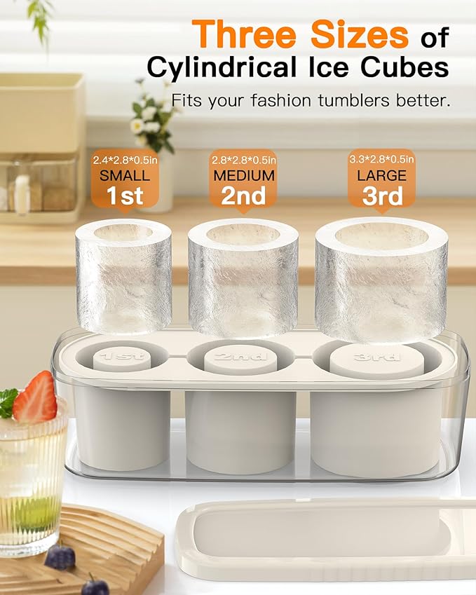 Ice Cube Tray for Tumbler Cup 30Oz-40Oz, 3 Pcs Silicone Cylinder Ice Mold with Lid and Bin for Freezer, Easy Fill and Release Ice Maker for Whiskey, Cocktail BPA-Free (White, 40Oz-Type2)