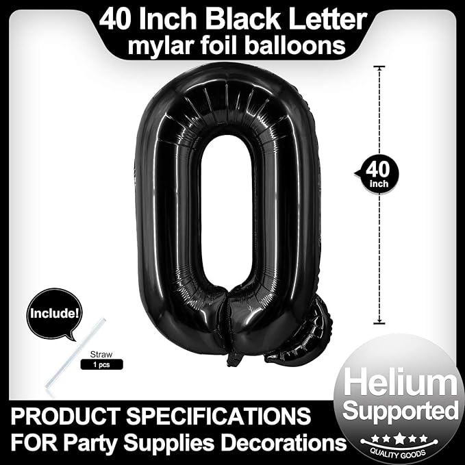 40 Inch Black Letter Q Balloons, DIY Phrase Foil Alphabet Letter Q Balloons DIY Word Q Banner for Birthday Anniversary Celebration Graduation Party Supplies Decoration