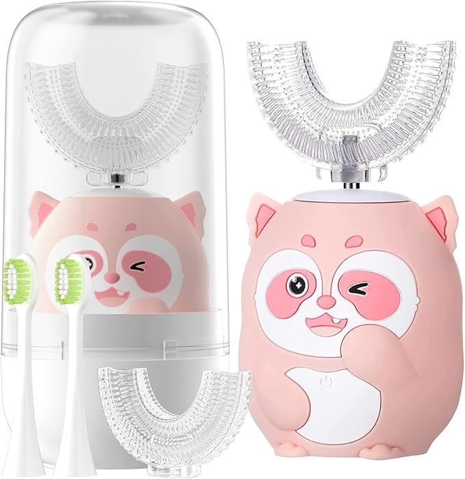 Kids Electric U Shaped Toothbrush Children Rechargeable Sonic Toothbrush with 4 Brush Heads Full Mouth 6 Cleaning Modes - (Age 2-7, Pink)