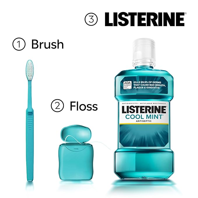 Listerine Cool Mint Antiseptic Mouthwash, Kills 99.9% of Germs That Cause Bad Breath, Plaque & Gingivitis, ADA Accepted, Clinically Proven, Cool Mint Flavor, for Adults, 1L Bottles, 2 Pack