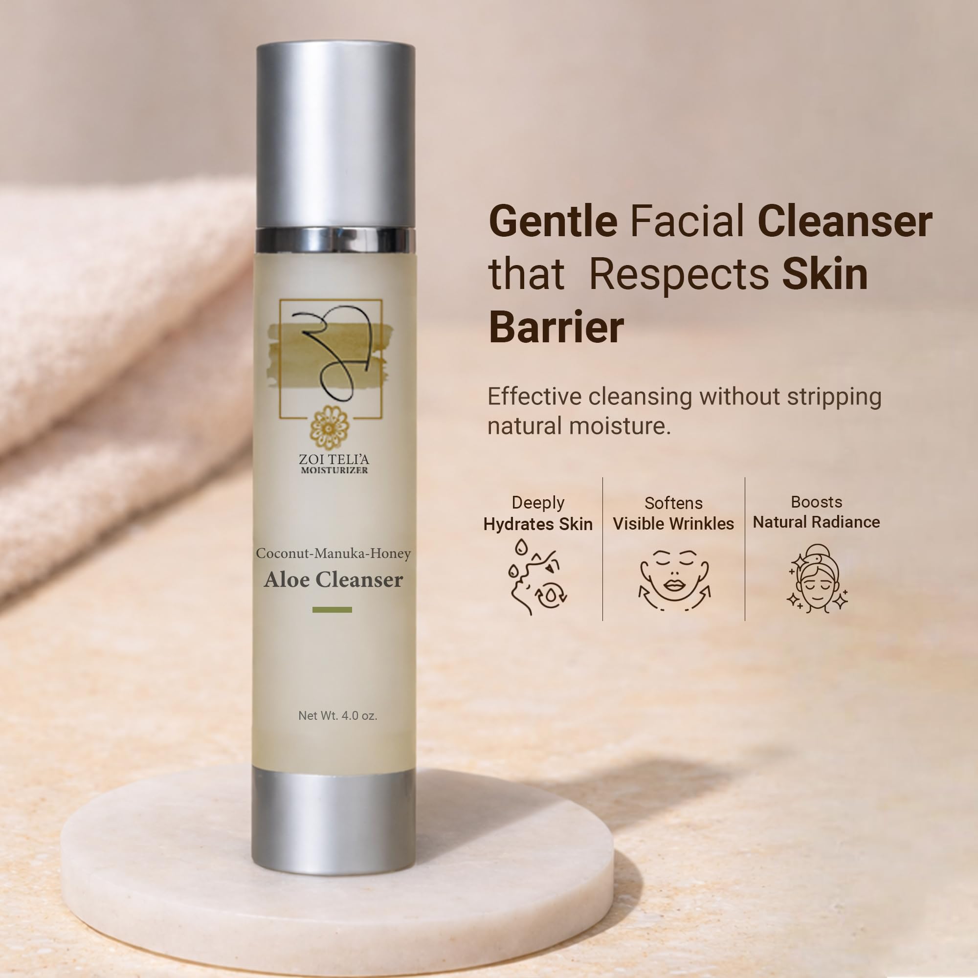 Zoi Teli'a Coconut Manuka Honey Aloe Facial Cleanser Balance Moisture, Rejuvenate & Hydrate Skin with Chamomile, Rosemary, Almond & Jojoba Oils – Cleansing Gel for Soft, Supple and Gentle Skin – 4 Oz