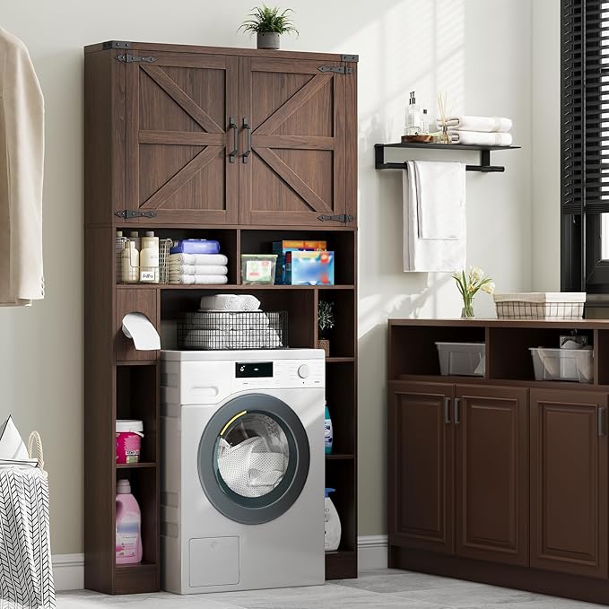 Vabches Over The Toilet Storage Cabinet, Farmhouse Storage Cabinet Over Toilet with 2 Barn Doors ，Toilet Paper Holder Stand，Home Space-Saving Toilet Rack, for Laundry, Restroom, Bathroom.Espresso.
