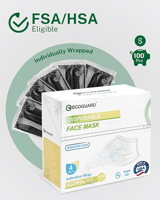 Disposable Face Masks Made in USA, 4 Ply for Families, Students, Breathable All-Day Wear & Safety, FSA HSA Eligible, ASTM Level 3 Medical Grade, 100 Pack Individual Wrap, Black