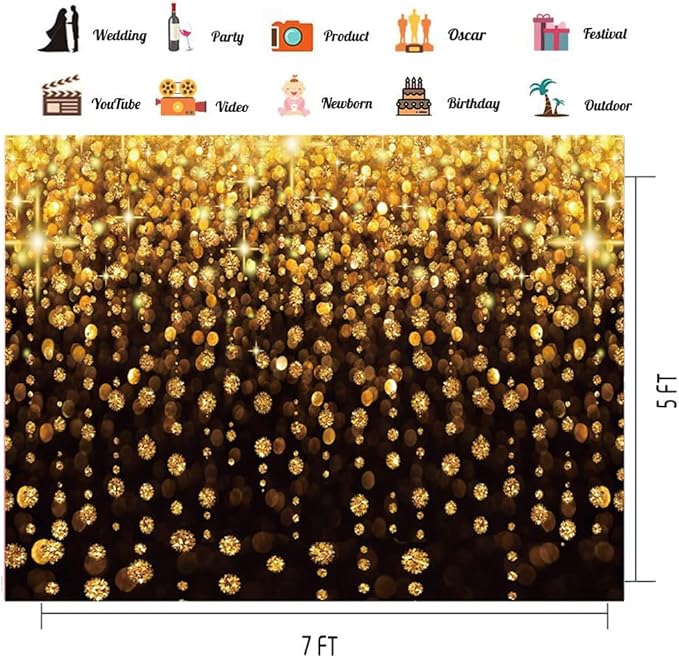 CHAIYA 7x5ft Gold Glitter Backdrop Curtain Black Gold Bokeh Photo Booth Background for Prom Graduation, Wedding, Bridal Shower, New Years Eve, New Year Party Backdrop