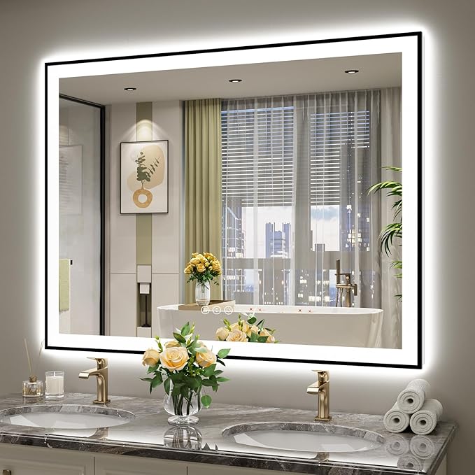 51x40 Inch LED Bathroom Mirror with Lights (Front Lit and Backlit) Black Framed Lighted Vanity Mirror for Bathroom Wall Dimmable Anti-Fog Memory Tempered Glass Horizontal/Vertical