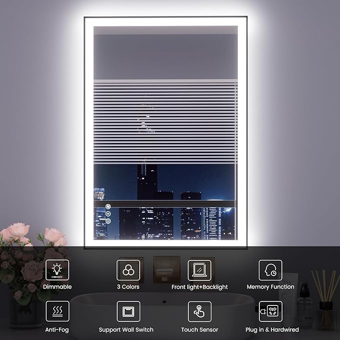WTTY 28"X36" LED Bathroom Mirror with Black Frame, Bathroom Vanity Mirror with Lights for Wall, Front Light and Backlit, Anti-Fog, Dimmable, 3 Colors, Shatterproof, Memory, Horizontal/Vertical