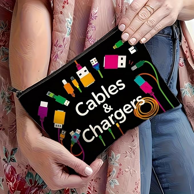 Black Small Bag for Women Men Charger Colorful Travel Pouch Kit with Zipper Bag Storage Cables Supplies for Family Friend Worker Accessories