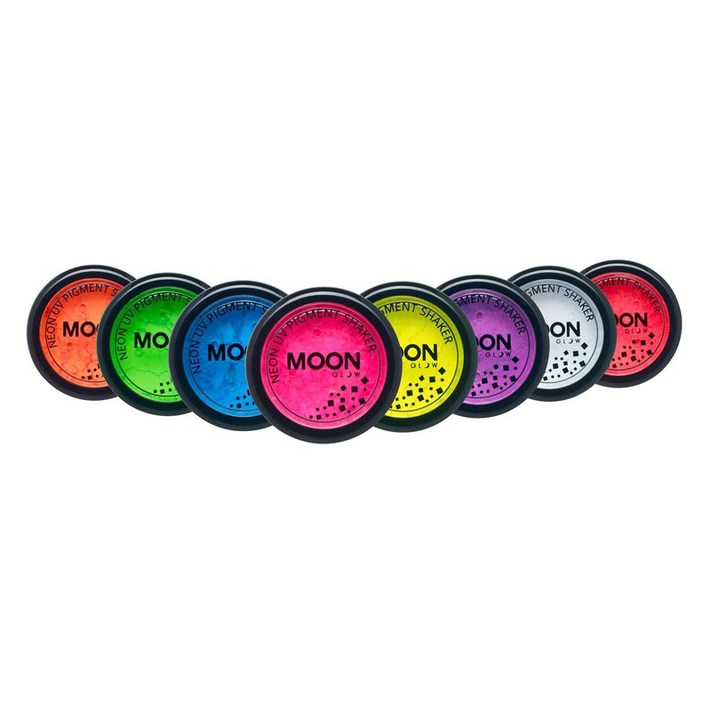 Moon Glow - Blacklight Neon UV Pigment Shaker 0.1oz Set of 8 – Glows brightly under Blacklights/UV Lighting! Use on the face/body, as loose eye shadow and for nail art