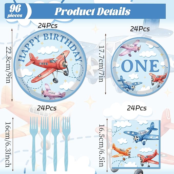 Rakuto Airplane 1st Birthday Party Decorations, 96PCS Time Flis Disposable Paper Plates and Napkins Decorations, Airplane First Birthday Forks Decor Supplies for One Years Old Boys Girls Serve 24