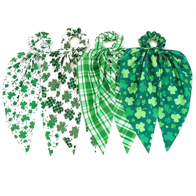 4pcs St.Patrick's Day Hair Ties for Woman Girls Green Plaid Shamrock Ribbon Hair Scrunchies Elastic Irish Lucky Leaf Hair Tie St.Patricks Party Supplies Hair Accessories