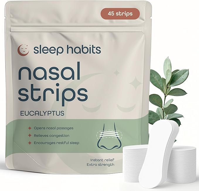 SleepHabits Breathing Strips, Non-Toxic 3rd Party Tested Nose Strips for Breathing | Nasal Strips for Snoring Solution | Extra Strength for Sensitive Skin | Nasal Strips for Sleeping, Eucalyptus- 45ct