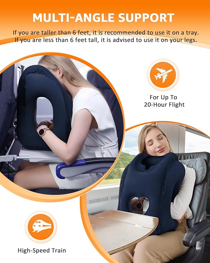 Sunany Travel Pillow, Inflatable Neck Pillow Used for Airplanes/Cars/Buses/Trains/Office Napping with Eye Mask/Earplugs (Blue)