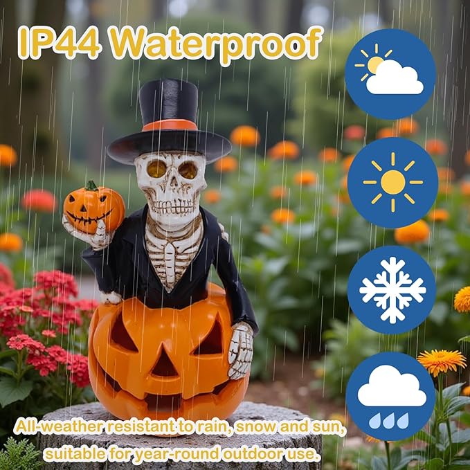 Solar Outdoor Decorations Wizard Skeleton with Pumpkin Figurine Lights, Fall Pumpkin Garden Decor for Yard Patio Porch, LED Skull Gothic Party Accessories, Home Gift for Mardi Gras Shrove Tuesday
