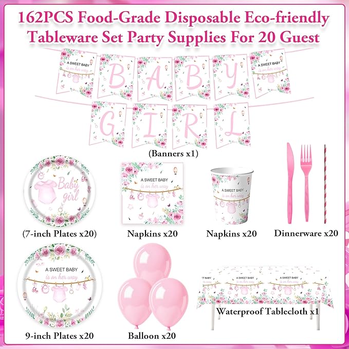 Pink Baby Girl Shower Party Supplies Tableware Sets,Includes Disposable Plates, Napkins, Cups,Straws,Cutlery, Balloons, Banner, and Tablecloth for Party Baby Shower Birthday Decorations,Serves 20