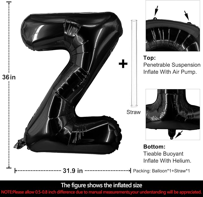 Lovoir 40 Inch Large Black Letter Z Balloons Big Size Jumbo Mylar Foil Helium Balloon for Birthday Party Celebration Decorations Alphabet Black Z