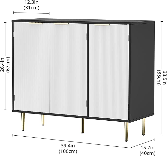 Fluted Buffet Sideboard with 3 Doors, Modern Accent Cabinet with Adjustable Shelves, Kitchen Storage Cabinet with Golden Handles, Coffee Bar for Kitchen, Black & White