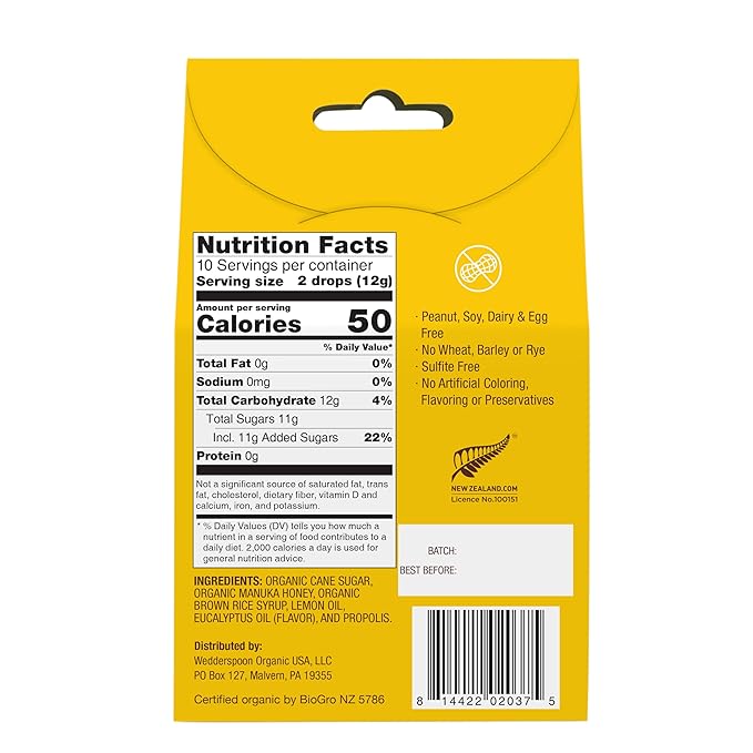 Wedderspoon Organic Manuka Honey Drops, Lemon & Bee Propolis, 20 Count (Pack of 1) | Genuine New Zealand Honey | Perfect Remedy For Dry Throats