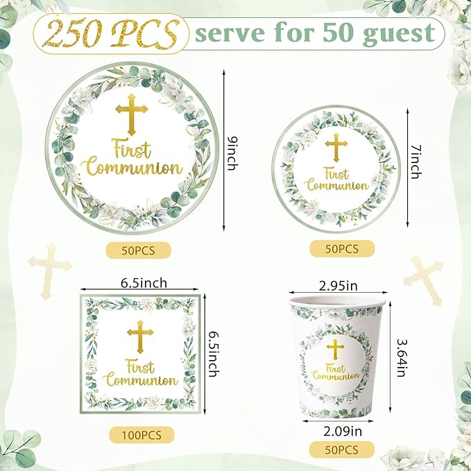 Pickmesh 250 Pcs Green First Holy Communion Disposable Tableware Set God Bless Baptism Disposable Paper Plates Napkins and Cups for Christening Celebration Baby Shower Religious Supplies Serve 50