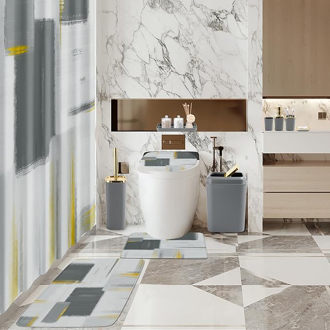 Bathroom Set - Grey and Gold Bathroom Accessories Set, Bathroom Sets with Shower Curtain and Rugs, Grey Shower Curtain Set with Bathroom Trash Can, Soap Dispenser, Soap Dish for Home Decor