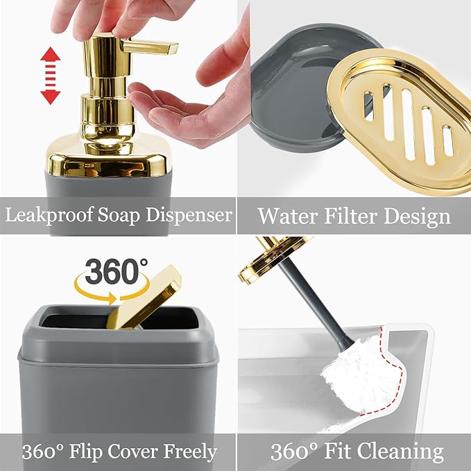 Grey Bathroom Accessories Set, Bathroom Sets with Shower Curtain, Grey Bathroom Accessories with Trash Can, Soap Dispenser, Soap Dish, Toilet Brush Holder, Qtip Holders for Bathroom