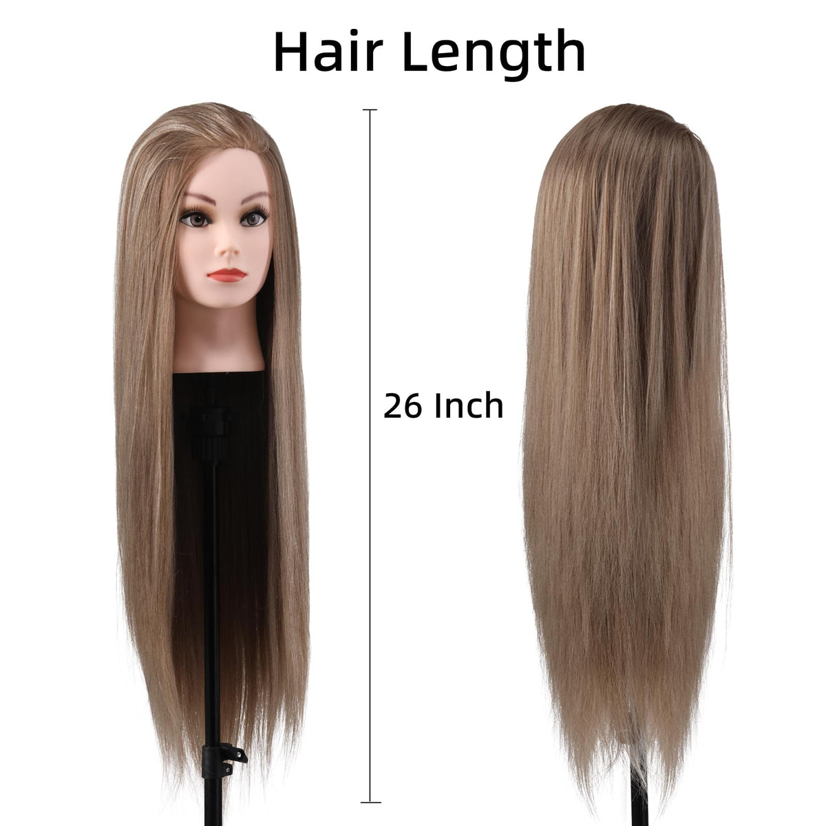 Mannequin Head with Hair, 26" Hair Mannequin Manikin Head Hair Practice Cosmetology Hair Doll Head Styling Hairdressing Training Braiding Cutting Setting with Clamp Holder and Tools