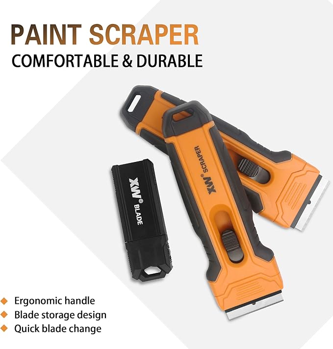 XW 2-Pack Razor Blade Scraper with 4 Spare Blades in Storage, Extra 20 pcs Razor Blades & 10 pcs Plastic Blades Included