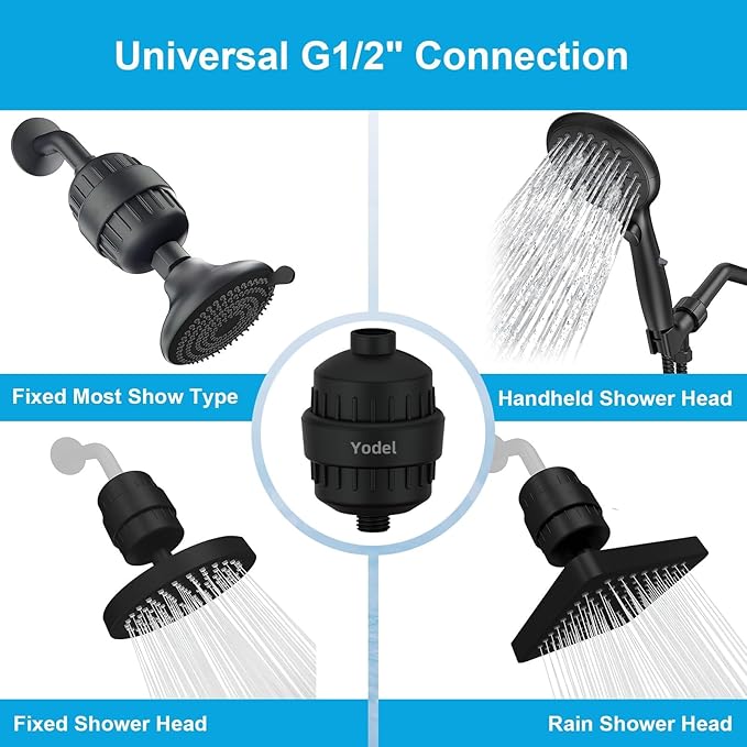 Yodel Shower Filter with 6 Cartridge Matte Black - Hard Water Softener, 99% Removes Chlorine & Impurities, Improves Skin & Hair Condition, Universal Fit for Shower Heads
