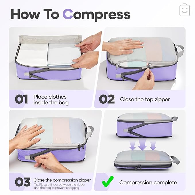 Veken 11 Set Compression Packing Cubes for Travel Essentials,Compressible Expandable Large Luggage Suitcase Organizer Bags for Clothing,Durable Space Saver Storage Bags(Light Purple)