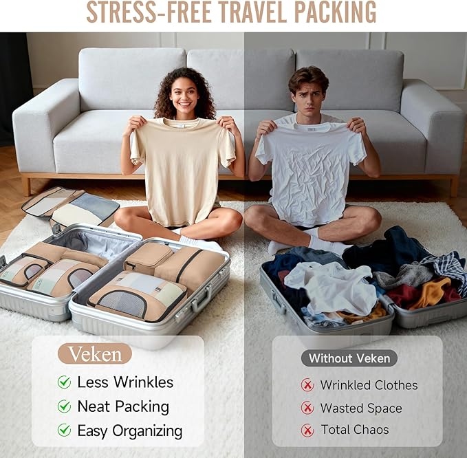 Veken 8 Set Packing Cubes for Travel Essentials, Suitcase Organizer Bags in 4 Sizes, Carry-On Luggage Accessories with Large Laundry Bag & Passport Holder, Must-Have for Airplane, Road Trip & Camping