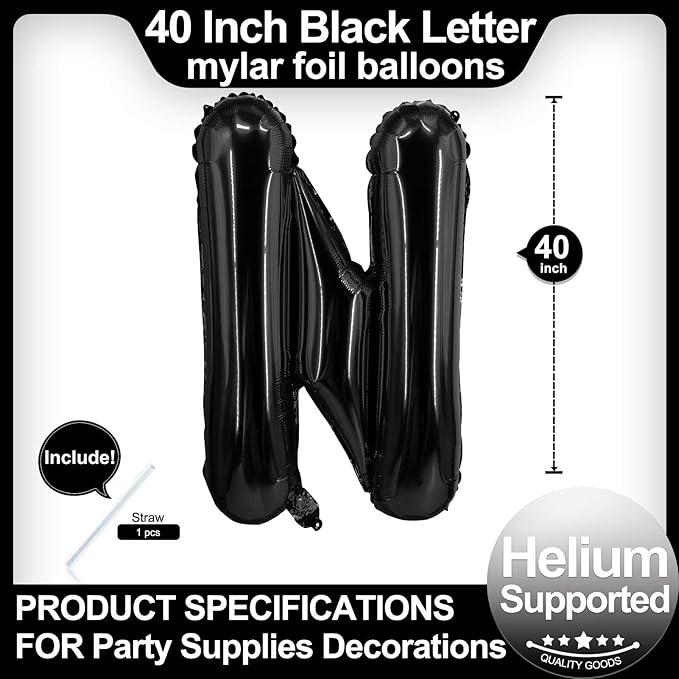 40 Inch Black Letter N Balloons, DIY Phrase Foil Alphabet Letter N Balloons DIY Word N Banner for Birthday Anniversary Celebration Graduation Party Supplies Decoration