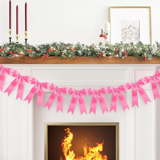 Hot Pink Bow Garland Bow Banner Bow Party Decorations Pre-Strung Large Coquette Satin Ribbon for Birthday Bachelorette Party Bridal Shower Wedding Engagement Baby Shower