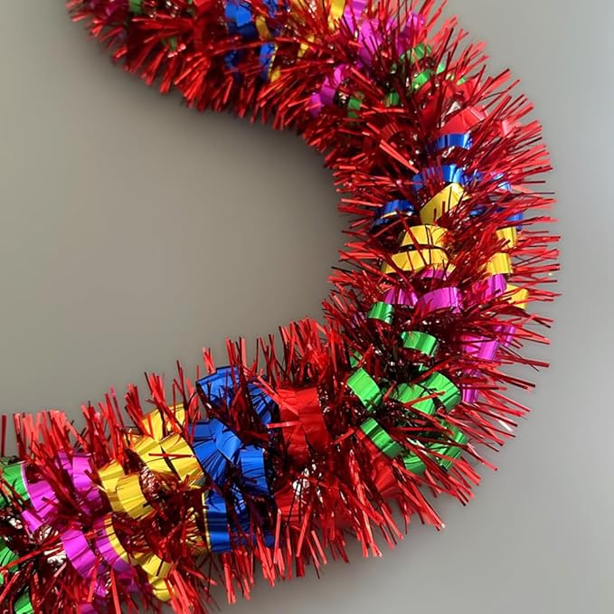 33Ft Long Tinsel Twist Garland Shiny Thick Metallic Foil Xmas Tree Decorations for Birthday Party Christmas New Year Parties Parade Floats and Other Holidays Hanging Decor Supplies-(Colours+Red)