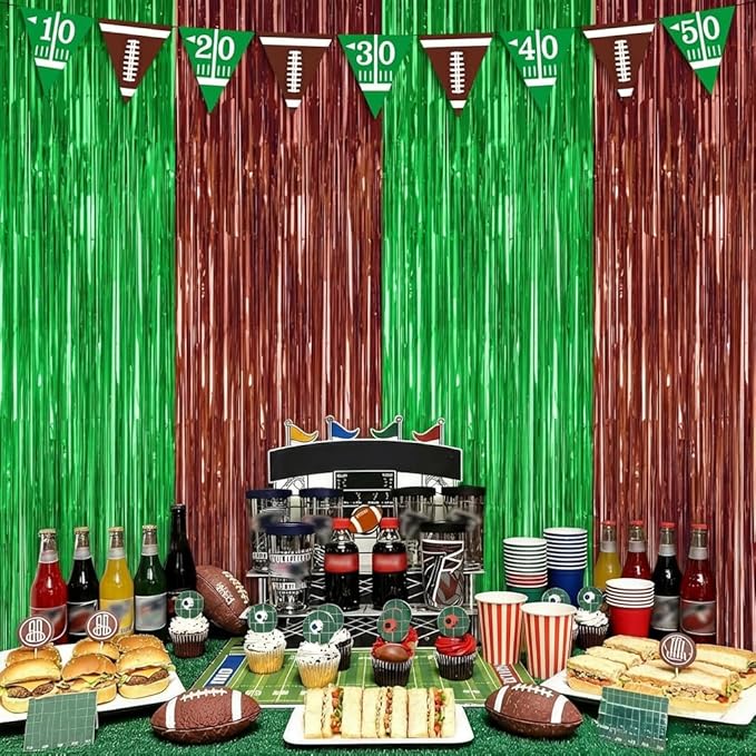 2Pack Football Party Decorations, 3.3 FT x 6.6 FT Tinsel Backdrop, Brown Green Foil Fringe Curtains Metallic Party Streamer, Football Game Day Decors 2026 Party Supplies Photo Booth Birthday Decors