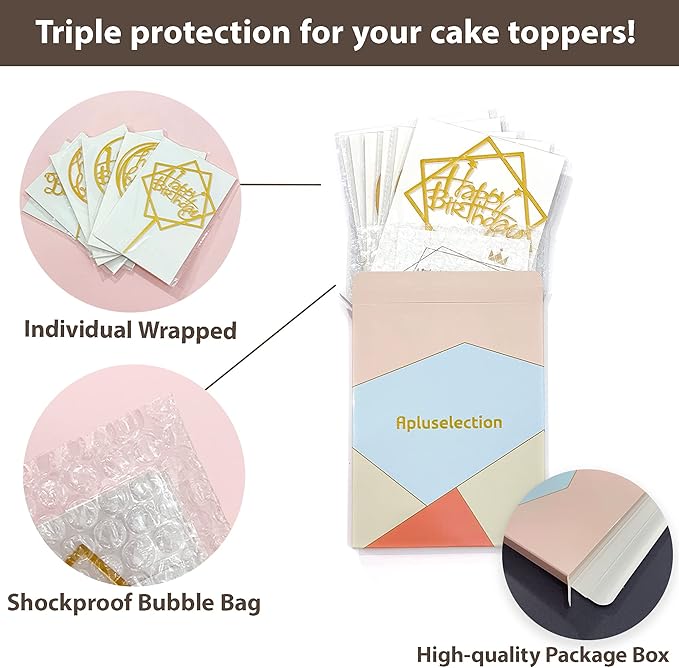6-Pack Gold Cake Topper Set, Double-Sided Glitter, Acrylic Happy Birthday Cupcake Toppers, Birthday Decorations for Children or Adults.
