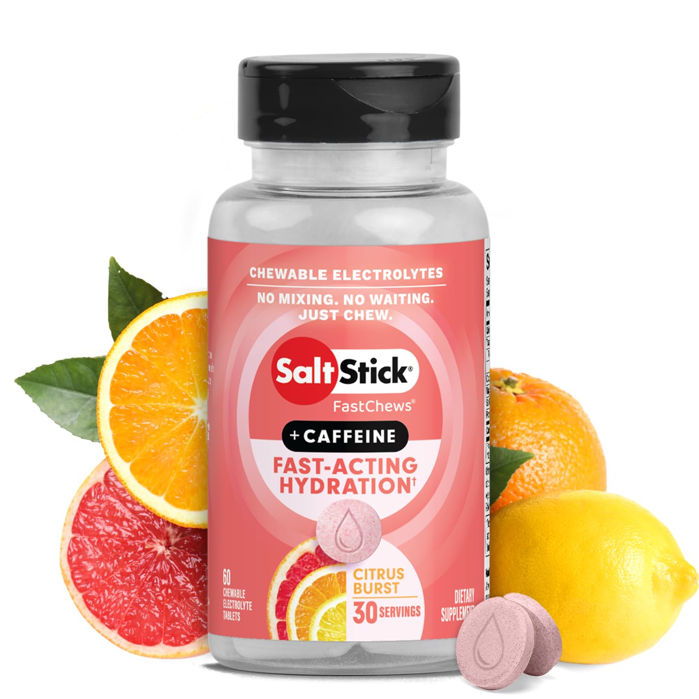 SaltStick Electrolyte FastChews with Caffeine - 60 Citrus Burst Chewable Salt Tablets for Running and Hydration, Electrolyte Chews - 60 Count