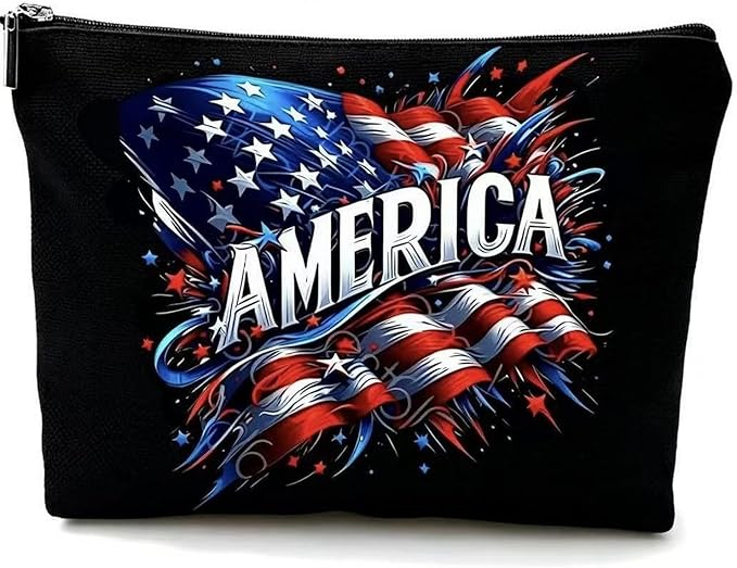 GRITOSE Independence Day Makeup Bag Black Small Toiletry Bags with America Flag designs Patriotic Supplies July 4th Stationery Storage Accessories for Women Men Work Travel Pouch Kit with Zipper Gift