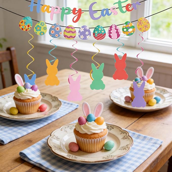 Happy Easter Banner Egg Garland with Bunny Hanging Swirl and Accessories Easter Party Decorations Set for Home Office Mantle Fireplace Indoor Outdoor Classroom Decorations