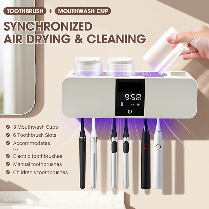 3 in 1 Toothbrush Cleaner Holders for Bathrooms,Wall Mounted Toothbrush Holders with Drying and Cleaning,Smart LED Screen,6 Toothbrush Slots,3 Cups and Toothpaste Dispenser (White)