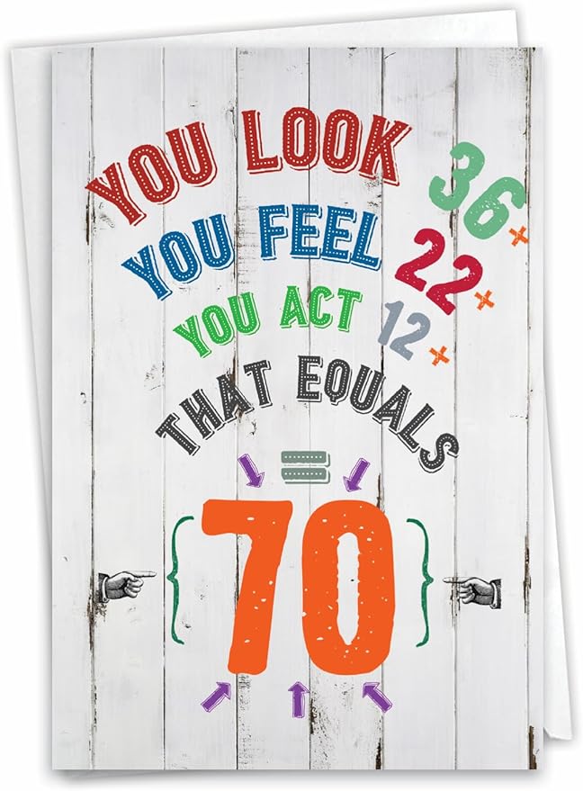 NobleWorks - 70th Birthday Card Funny - 70 Year Old Humor Notecard, Milestone Birthdays Celebration - Age Equation 70 C9000MBG