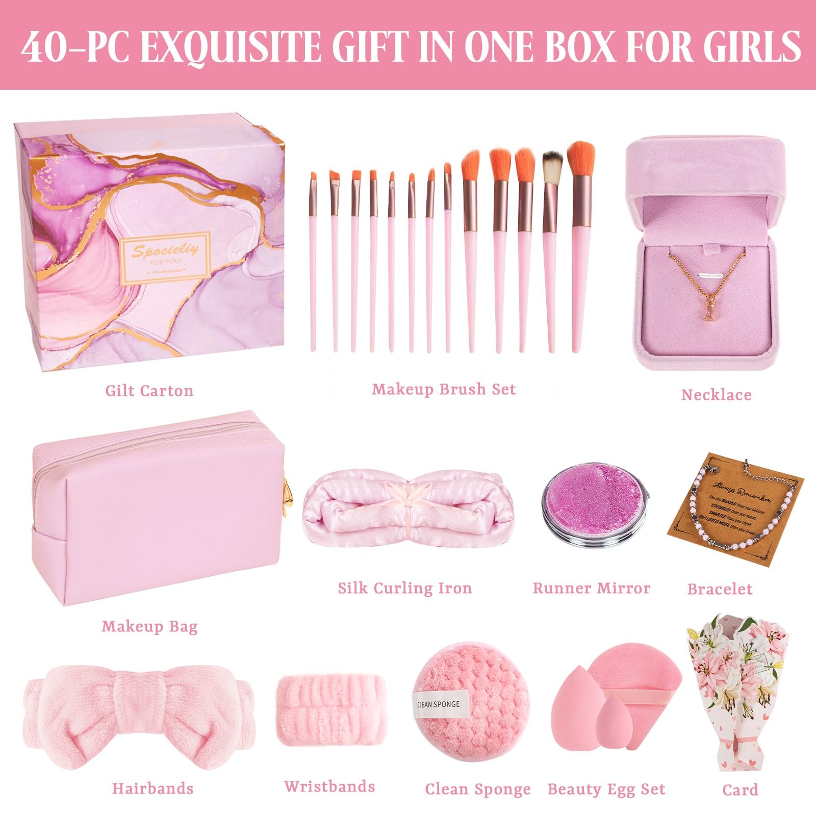 40PCS Trendy Stuff Gifts Set for Teen Girls -Makeup Brushes Set + Blending Sponges + Silk Heatless Curling Set + Jewelry Set & Skincare Headbands | Birthday Gift for Daughter, Niece, Her (Pink)