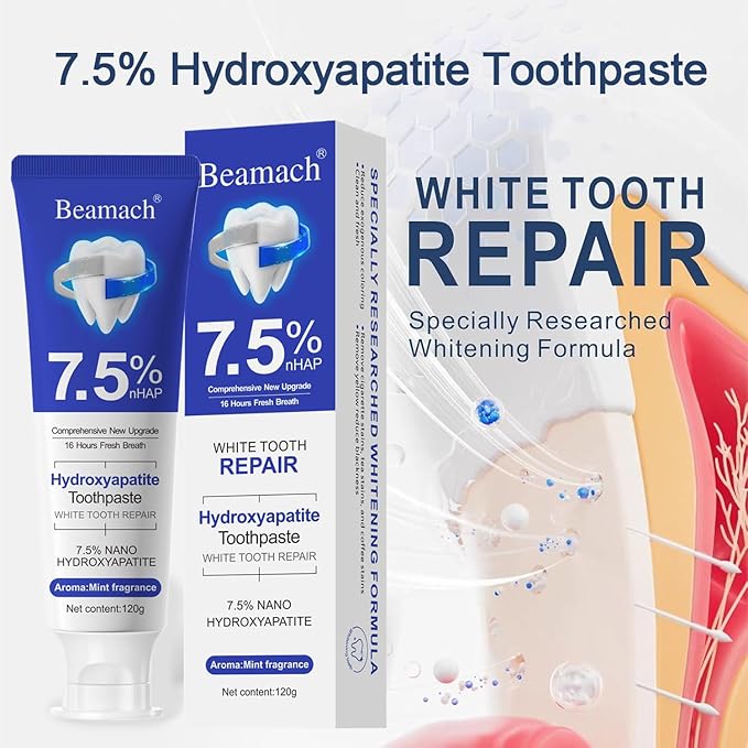 Beamach Hydroxyapatite Toothpaste, Nano 7.5% Hydroxyapatite Toothpaste, Whitening Tooth Repair, Protects Enamel and Strengthens Teeth, Fluoride-Free, Gentle Mint, Fresh Breath