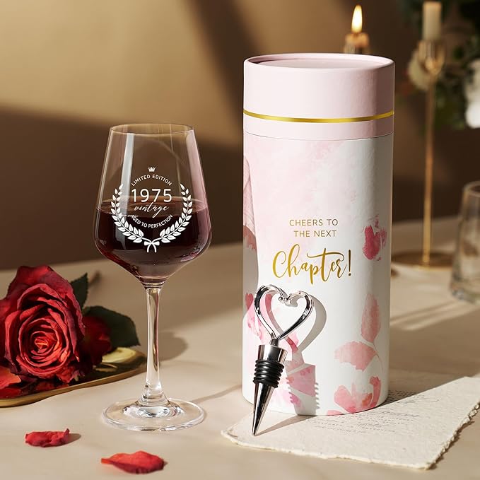 AW BRIDAL 50th Birthday Gifts for Women Her, Personalized 1975 Vintage Wine Glass Gift Set for 50 Year Old Birthday Decorations, Born in 1975 Gifts for Mom Dad Wifey Husband Sisters Friend Coworker