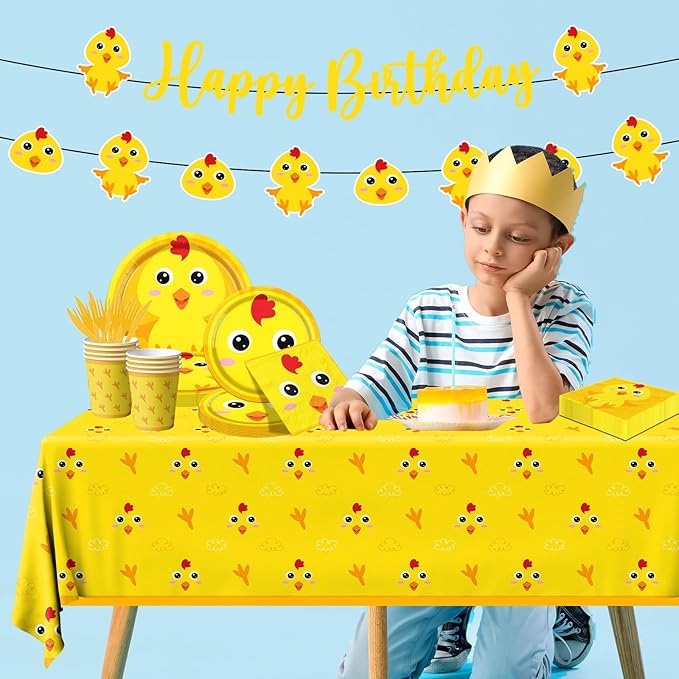 Chicken Farm Tableware Decoration, 142pcs Yellow Chick Theme Birthday Plates and Napkins Supplies
