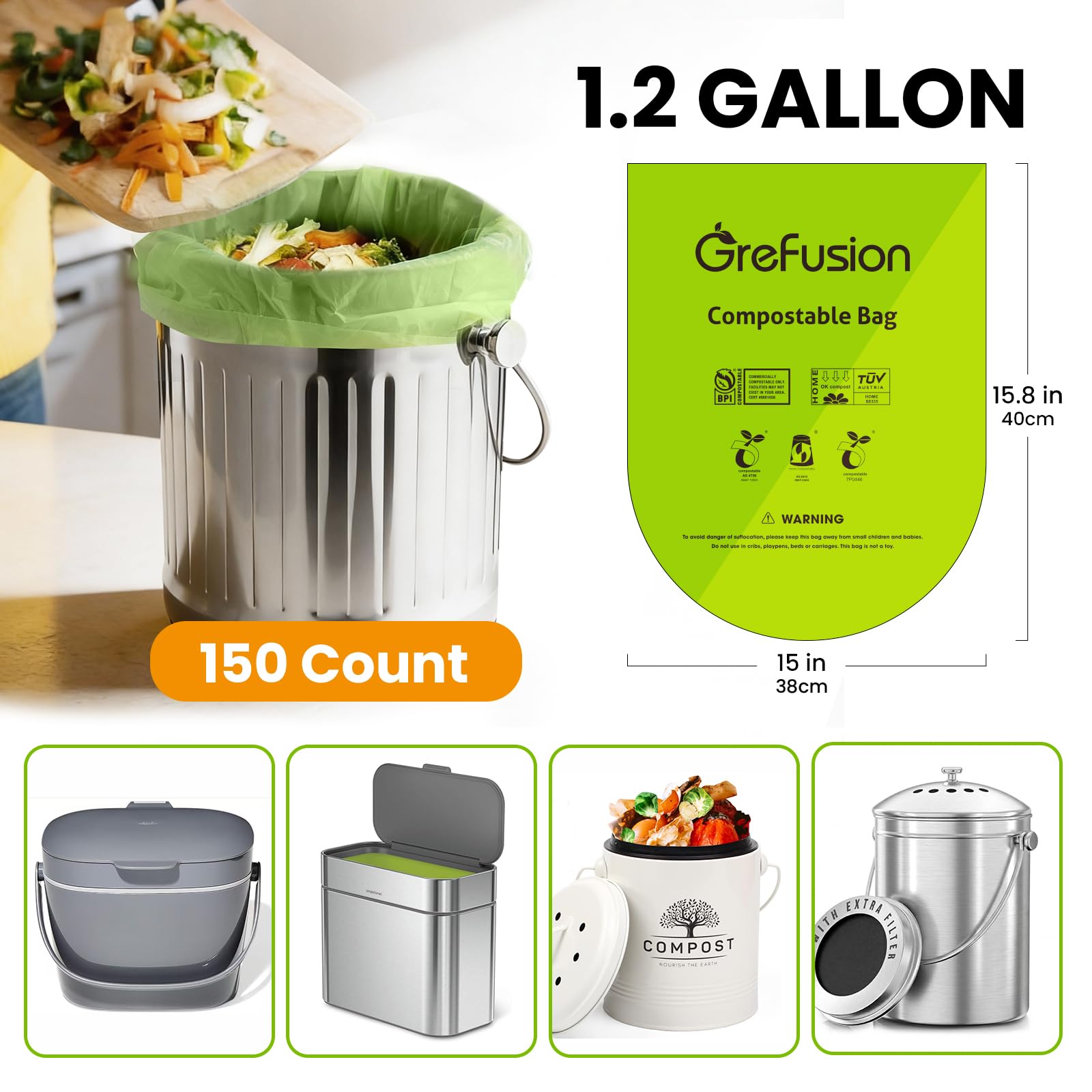 GreFusion Compostable Trash Bags for Kitchen Compost Bin 1.2 Gallon,150 Count,Compost Bags Small for Food Scrap Waste Bags for Countertop Bin Certified by BPI,ASTM D6400 and OK Compost