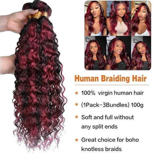 Fabimiya 20 22 24 inch Burgundy P1B/99J Deep Wave Human Hair Bundles Wine Red Human Hair Bundles Unprocessed Burgundy Soft Sewn In Hair with Double Weft for Black Women
