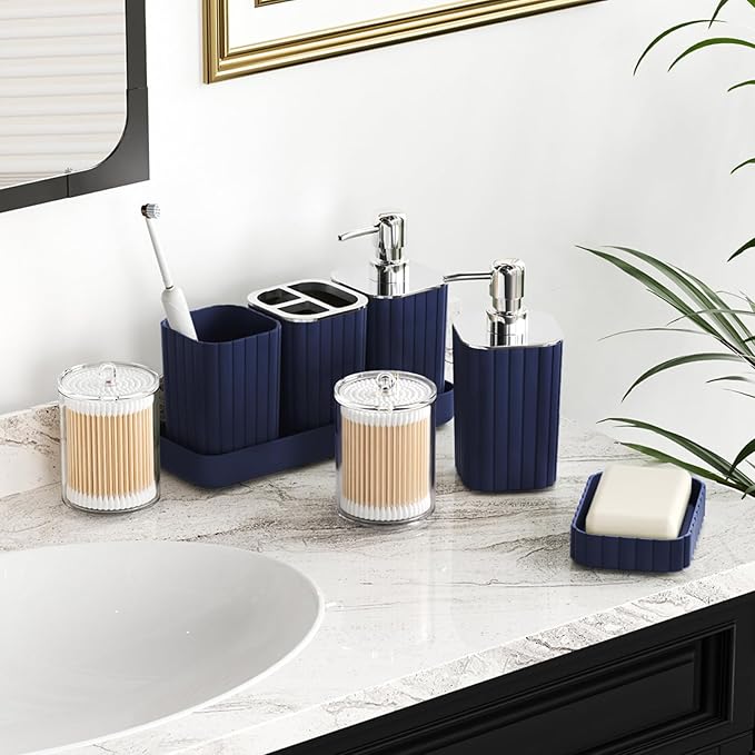 Bathroom Set with Shower Curtain and Rugs- 25PC Bathroom Accessory Set, Navy Blue Shower Curtain Set, Toilet Brush, Trash Can, Qtip Holder Dispenser & Soap Dispenser